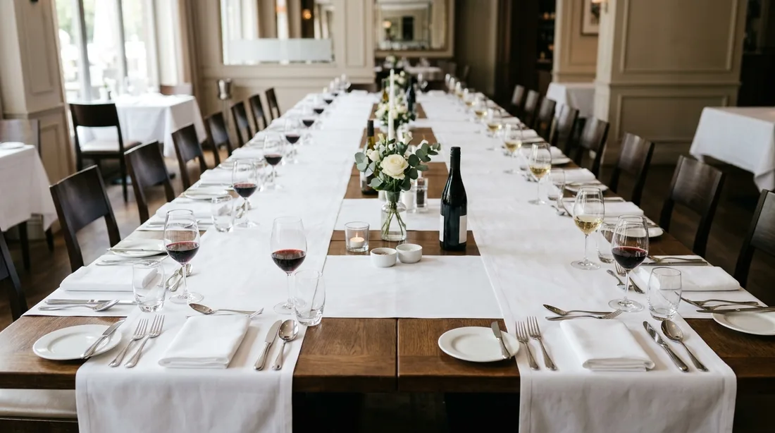Lange Tafel in einem Restaurant mit weißen Tischläufern und gleichmäßigem Eindeck