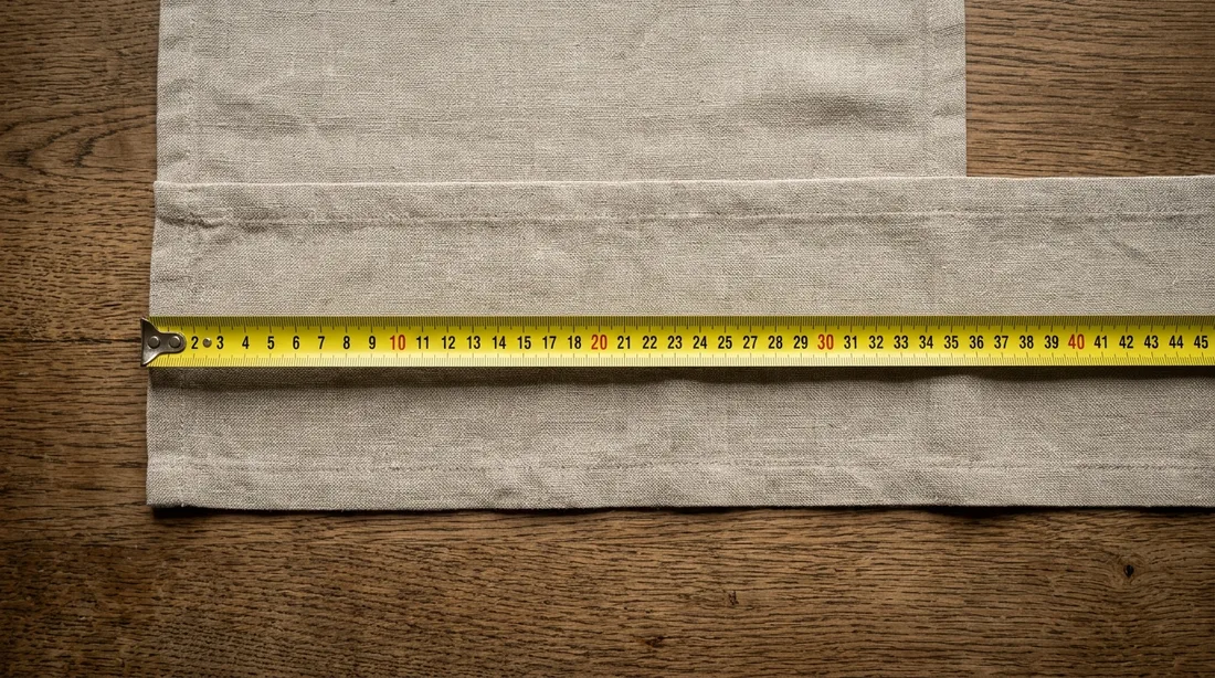 Gelbes Maßband mit Zentimeter-Skala liegt auf einer ausgebreiteten Leinenbahn auf einem Holztisch und misst sie der Länge nach